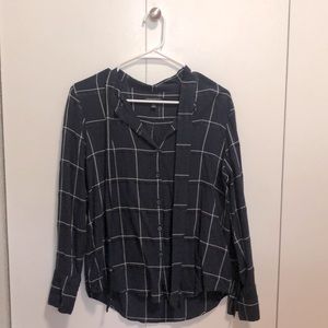Blouse, navy plaid, tie neck, banana republic